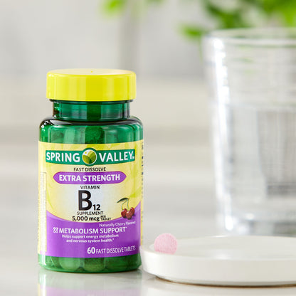 Tabletas de Vitamina B12 Extra Fuerte de Rápida Disolución, Sabor Cereza Spring Valley