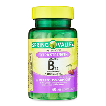 Tabletas de Vitamina B12 Extra Fuerte de Rápida Disolución, Sabor Cereza Spring Valley