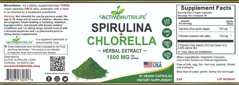 Cápsulas Veganas de Espirulina y Chlorella