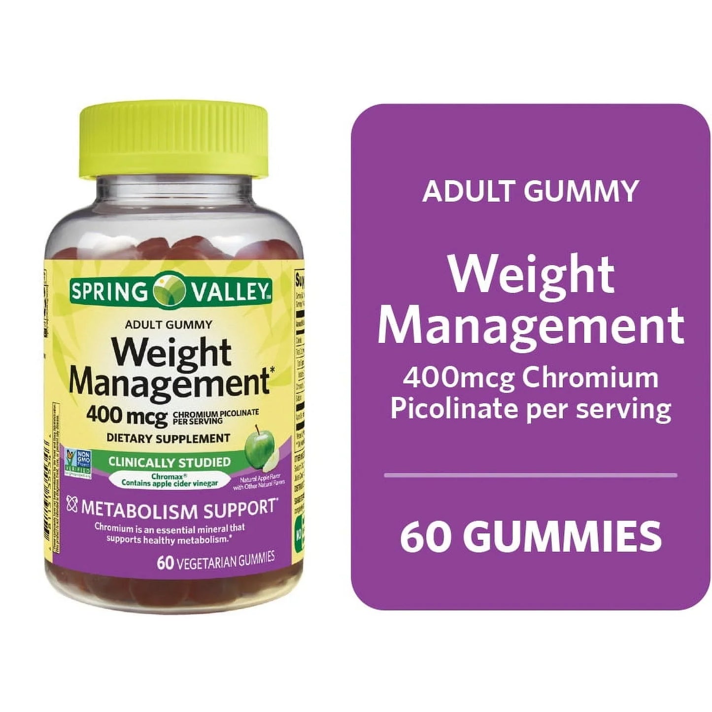 Spring Valley Non GMO Weight Management Dietary Supplement Gummies, Apple, 400 Mcg, 60 Count